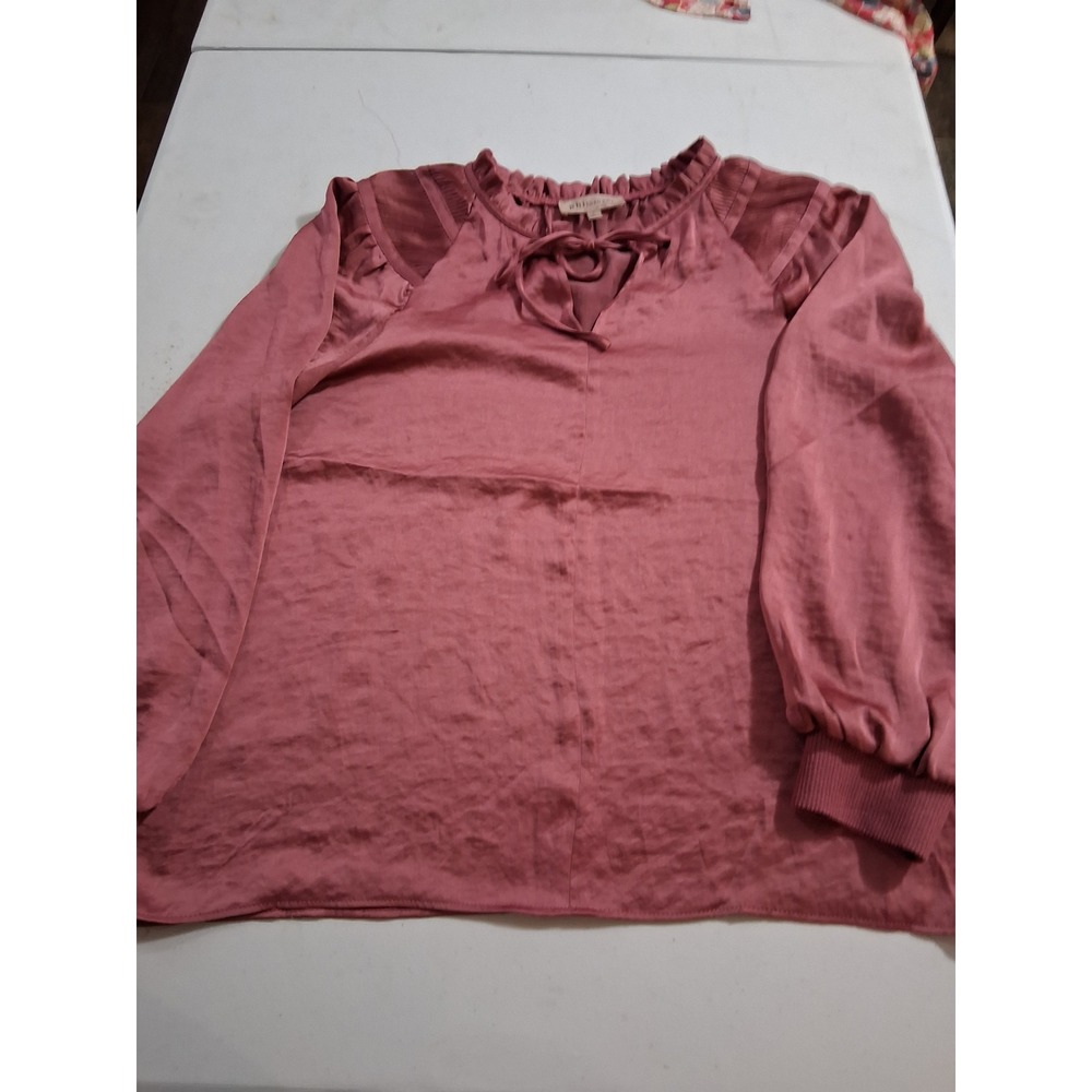 Philosophy Republic Clothing Mauve Satin Ruffle Tie Neck Blouse Pleated Large